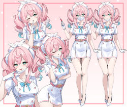 1girl absurdres alternate_costume belt blush breasts collarbone colored_tips covered_navel dress duplicate finger_to_mouth gloves gradient_background green_eyes hat highres holding holding_syringe honkai:_star_rail honkai_(series) hyacine_(honkai:_star_rail) large_breasts looking_at_viewer lunacle mask mask_pull medium_hair mouth_mask multicolored_hair multiple_views nurse nurse_cap one_eye_closed open_mouth pink_belt pink_hair shushing smile star_(symbol) syringe twintails white_dress white_gloves white_hat yellow_pupils