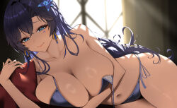 1girl absurdres alternate_costume bare_shoulders bikini blue_eyes blue_flower breasts cantarella_(wuthering_waves) closed_mouth collarbone commentary earrings facial_mark flower hair_flower hair_ornament highres indoors jewelry large_breasts long_hair looking_at_viewer lying mark_under_eye mole mole_under_eye murding navel on_side purple_bikini purple_hair side-tie_bikini_bottom smile solo stomach swimsuit thighs very_long_hair wardrobe_malfunction wuthering_waves