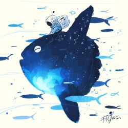 1other absurdres air_bubble animal_focus artist_name backpack bag blue_jacket bubble closed_eyes commentary constellation fish from_side glowing helmet highres jacket kazunoko_(kazunoko_zunoco) looking_at_animal looking_down ocean_sunfish open_mouth original radio_antenna riding riding_animal signature simple_background space_helmet sparkle star_(symbol) white_background