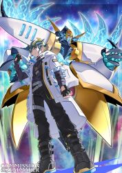 1boy alternate_costume artist_name belt black_boots black_gloves black_pants blonde_hair boots claws commentary_request commission dragon duel_monster fingerless_gloves galaxy gloves green_hair grey_eyes highres jacket multicolored_hair number_s38_titanic_galaxy pants red_eyes spiked_hair standing tenjou_kaito white_jacket wings yu-gi-oh! yu-gi-oh!_zexal zealmaker