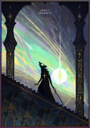 1other absurdres androgynous blue_border blue_sclera border colored_sclera column crying daeun_min english_text from_side furry highres holding holding_sword holding_weapon open_mouth original pillar robe silhouette sky stairs standing sword weapon wide_shot yellow_eyes