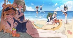 6+girls absurdres animal_ears barefoot beach blonde_hair blue_one-piece_swimsuit breasts character_request commentary corin_wickes crab erifan0 flat_chest food green_eyes green_hair highres ju_fufu koleda_belobog long_hair lying multiple_girls nekomiya_mana ocean on_side one-piece_swimsuit outdoors piper_wheel qingyi_(zenless_zone_zero) school_swimsuit sky small_breasts soukaku_(zenless_zone_zero) swimsuit symbol-only_commentary tail zenless_zone_zero