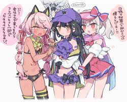 Rule 34 | 3girls, absurdres, animal ears, bikini, black bikini, black hair, blush, bow, chloe von einzbern, chloe von einzbern (swimsuit avenger) (second ascension), commentary request, dark-skinned female, dark skin, fake animal ears, fate/kaleid liner prisma illya, fate (series), flat chest, highres, illyasviel von einzbern, illyasviel von einzbern (swimsuit archer), illyasviel von einzbern (swimsuit archer) (second ascension), long hair, miyu edelfelt (swimsuit lancer), multiple girls, navel, open mouth, orange eyes, pink bikini, pink hair, red bow, red eyes, stomach tattoo, swimsuit, tattoo, tomo (ryo i so ), twintails, visor cap, white hair
