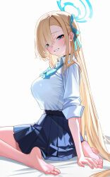 1girl absurdres asuna_(blue_archive) asuna_(school_uniform)_(blue_archive) barefoot blonde_hair blue_archive blue_bow blue_bowtie blue_eyes blue_halo blue_ribbon blue_skirt blush bow bowtie breasts chinese_commentary collared_shirt commentary_request fingerless_gloves from_behind gloves grin hair_between_eyes hair_ribbon halo highres large_breasts long_hair long_sleeves looking_at_viewer looking_back official_alternate_costume pleated_skirt ribbon shirt simple_background sitting skirt smile solo toes very_long_hair wariza white_background white_shirt yueyueyue_yao