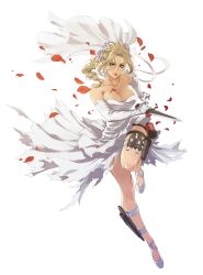 Rule 34 | 1girl, absurdres, aqua eyes, bare shoulders, blonde hair, breasts, bridal veil, cleavage, collarbone, dress, earrings, elbow gloves, full body, gloves, highres, holding, holding knife, holster, jewelry, knife, large breasts, leg up, looking at viewer, medium hair, nina williams, non-web source, official art, ponytail, red lips, red petals, sagara hiromi, simple background, solo, tekken, tekken 7, thigh holster, torn clothes, veil, wedding dress, white background, white gloves