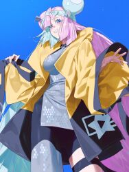 Rule 34 | 1girl, 987645321o, blue background, blue hair, bow-shaped hair, breasts, character hair ornament, commentary request, grey pantyhose, grin, hair ornament, hexagon print, highres, iono (pokemon), jacket, korean commentary, long hair, low-tied long hair, multicolored hair, nintendo, oversized clothes, pantyhose, pink hair, pokemon, pokemon sv, sharp teeth, single leg pantyhose, sleeves past fingers, sleeves past wrists, smile, solo, split-color hair, teeth, thigh strap, translation request, unzipped, very long sleeves, x, yellow jacket