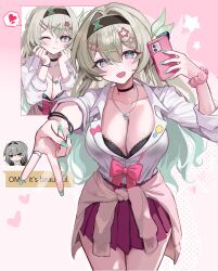 absurdres breasts cellphone firefly_(honkai:_star_rail) gyaru gyaru_v hair_ornament hairband hairpin hanye_pch highres honkai:_star_rail honkai_(series) jewelry multiple_hairpins nail_polish phone ribbon ring shirt skirt smartphone stelle_(honkai:_star_rail) tied_shirt trailblazer_(honkai:_star_rail) v