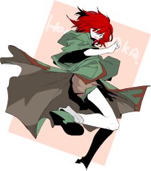 1other androgynous brown_shorts character_name coat colored_skin commentary english_commentary green_coat green_footwear grey_socks highres hood hood_down hooded_coat len&#039;en ling_s other_focus red_eyes red_hair shitodo_hooaka short_hair shorts three-quarter_sleeves smile socks two-sided_coat two-sided_fabric white_skin