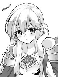 1girl adjusting_hair bare_shoulders breasts circlet dress fire_emblem fire_emblem:_genealogy_of_the_holy_war greyscale julia_(fire_emblem) long_hair looking_at_viewer medium_breasts monochrome nintendo open_mouth simple_background solo upper_body yukia_(firstaid0)