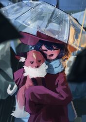 Rule 34 | 1girl, 1other, absurdres, androgynous, animal, animal ear fluff, animal hat, animal nose, black ears, black fur, blue hair, blue scarf, brown coat, brown hat, cat hat, closed eyes, coat, commentary, english commentary, fox, fox tail, hat, highres, holding, holding animal, holding umbrella, jitome, medium hair, neck fur, niko (oneshot), oneshot (game), open mouth, open umbrella, orange fur, outdoors, rain, rue (oneshot), scarf, shadches72, sleeves past fingers, sleeves past wrists, smile, tail, transparent, transparent umbrella, umbrella, upper body, white fur