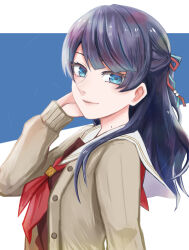 1girl blue_background blue_eyes blue_hair blue_ribbon blunt_bangs blush brown_cardigan brown_dress cardigan closed_mouth coco_apollon commentary_request dress hair_ribbon half_updo hand_up hasu_no_sora_school_uniform link!_like!_love_live! long_hair long_sleeves looking_at_viewer love_live! mole mole_on_neck murano_sayaka neckerchief open_cardigan open_clothes red_neckerchief red_ribbon ribbon sailor_collar sailor_dress school_uniform simple_background smile solo swept_bangs upper_body virtual_youtuber white_sailor_collar winter_uniform