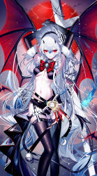 1girl absurdres armpits arms_up artist_name black_choker black_thighhighs bonnet bow bowtie breasts brooch choker feet_out_of_frame highres horns jewelry long_hair medium_breasts navel original red_bow red_bowtie red_eyes sheya signature solo stomach thighhighs thighs very_long_hair white_hair