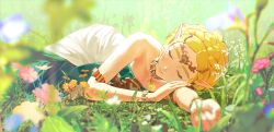 1girl armlet bare_shoulders blonde_hair blurry blurry_foreground bracelet braid circlet closed_eyes closed_mouth crown_braid dress flower green_dress hashtag-only_commentary highres jewelry lying magatama magatama_necklace necklace nintendo on_grass on_side pink_flower pointy_ears princess_zelda secret_stone short_hair sleeping solo sophie_(693432) strapless strapless_dress teardrop_facial_mark the_legend_of_zelda the_legend_of_zelda:_tears_of_the_kingdom two-tone_dress white_dress yellow_flower