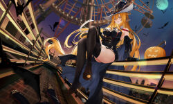 1girl absurdres animal_ears arknights bare_shoulders bat_(animal) black_dress black_gloves black_hat black_pantyhose blonde_hair breasts clothes_pull commentary_request curled_horns degenbrecher_(arknights) degenbrecher_(the_shadow_of_the_dark_moon)_(arknights) dress elbow_gloves ferris_wheel gloves goat_ears goat_girl goat_horns hair_between_eyes hat highres horns horns_through_headwear jack-o&#039;-lantern large_breasts long_hair looking_at_viewer night night_sky official_alternate_costume on_railing outdoors pantyhose pantyhose_pull parted_lips railing shoes sidelocks sky solo unworn_shoes very_long_hair witch_hat yellow_eyes zayur
