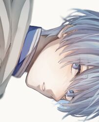1boy bai_mei blue_hair commentary_request eyelashes highres himmel_(sousou_no_frieren) looking_to_the_side male_focus parted_lips short_hair sideways sideways_glance simple_background solo sousou_no_frieren teeth upper_body white_background
