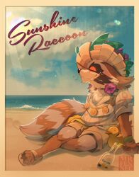 1boy absurdres beach blue_sky claws closed_mouth cloud commentary english_commentary furry furry_male guardians_of_the_galaxy hat highres jewelry male_focus marvel marvel_cinematic_universe marvel_rivals necklace ocean on_ground postcard profile raccoon_boy raccoon_tail red_eyes rocket_raccoon rocket_raccoon_(sunshine_raccoon) rubber_duck sand sitting sky smile srfennec straw_hat tail whiskers