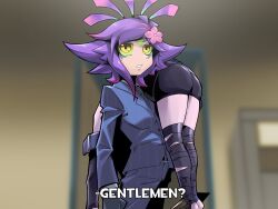 2girls absurdres alternate_costume ass bandaged_leg bandages black_gloves black_jacket black_pants black_shorts blurry blurry_background briar_(league_of_legends) carrying_over_shoulder colored_sclera gloves green_sclera hebinalmeog highres jacket league_of_legends long_sleeves multicolored_hair multiple_girls neeko_(league_of_legends) pants pink_hair purple_hair shorts striped_clothes striped_jacket striped_pants team_fortress_2 teeth two-tone_hair yellow_eyes