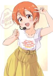 1girl belt blush border clenched_hand collarbone english_text hair_between_eyes hand_up headset highres hoshizora_rin long_skirt looking_at_viewer love_live! love_live!_school_idol_project open_mouth orange_eyes orange_hair outside_border sen_(sen0910) shirt short_hair short_sleeves skirt solo standing teeth translation_request upper_body upper_teeth_only v white_border white_shirt yellow_background yellow_belt yellow_skirt