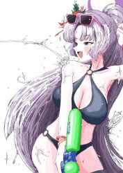 Rule 34 | 1girl, absurdres, armpits, bare arms, bare shoulders, blue archive, blush, breasts, cleavage, eyewear on head, fang, flower, highres, holding, holding water gun, large breasts, looking to the side, official alternate costume, official alternate hairstyle, open mouth, parted bangs, purple-framed eyewear, purple eyes, purple hair, red flower, skin fang, solo, sunglasses, wagonuts, water gun, yukari (blue archive), yukari (swimsuit) (blue archive)