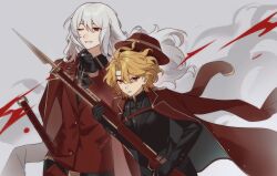 Rule 34 | 1boy, 1girl, black gloves, black shirt, black vest, blonde hair, coat, collared shirt, don quixote (project moon), gloves, gun, hat, highres, holding, holding gun, holding weapon, jacket, jacket on shoulders, kamisiro sora, la manchaland&#039;s don quixote (project moon), limbus company, long sleeves, looking at viewer, one eye closed, parted bangs, project moon, red coat, red eyes, red hat, red vest, sancho (project moon), shirt, short hair, simple background, standing, thumb (identity) (project moon), upper body, vest, weapon, white background, white hair