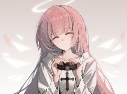 1girl ^_^ absurdres arknights black_collar chinese_commentary closed_eyes closed_mouth collar collarbone commentary_request cross facing_viewer grey_background halo head_tilt highres holding holding_collar latin_cross lemuen_(arknights) long_hair long_sleeves partial_commentary pink_hair shokuyou_koori smile solo split_mouth unworn_collar upper_body white_halo
