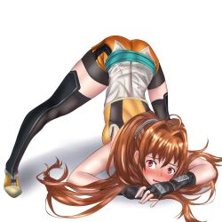 1girl absurdres ahoge antenna_hair bike_shorts black_gloves blush brown_hair commentary eiyuu_densetsu embarrassed english_commentary estelle_bright fingerless_gloves gloves hair_intakes highres jack-o&#039;_challenge long_hair looking_at_viewer open_mouth red_eyes sen_no_kiseki sen_no_kiseki_(series) sen_no_kiseki_iv shadow shoes simple_background sneakers solo thighhighs twintails vanillahare white_background