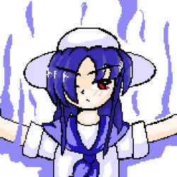 1girl absurdres blue_hair blue_sailor_collar dress ehehe52921343 hat highres louise_(midboss)_(touhou) louise_(touhou) medium_hair mystic_square neckerchief pixel_art red_eyes ribbon sailor_collar shirt short_hair short_sleeves smile solo sprite_art touhou touhou_(pc-98) white_background white_dress white_shirt zun_(style)