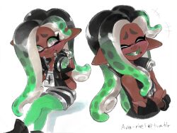 :&gt; ava-riel bad_id bad_tumblr_id bare_arms bare_shoulders black_gloves black_hair closed_eyes closed_mouth crossed_arms dark-skinned_female dark_skin eye_mask eyelashes feet_out_of_frame fingerless_gloves gloves green_pantyhose headphones headphones_around_neck holding holding_headphones inkling invisible_chair long_hair long_pointy_ears looking_at_viewer marina_(off_the_hook_outfit)_(splatoon) marina_(splatoon) mole mole_under_mouth multicolored_hair nintendo octoling_to_inkling open_mouth pantyhose pointy_ears shiny_clothes signature simple_background sitting smile splatoon_(series) splatoon_2 spotted_hair star-shaped_pupils star_(symbol) suction_cups swept_bangs symbol-shaped_pupils teeth tentacle_hair two-tone_hair white_background zipper