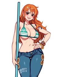 Rule 34 | 1girl, arm tattoo, artist name, bangle, bikini, bikini top only, blush, blushyspicy, bracelet, breasts, brown eyes, cleavage, clima-tact, cowboy shot, curvy, earrings, hand on own hip, head tilt, jewelry, large breasts, log pose, long hair, looking at viewer, nami (one piece), nami (one piece) (return to sabaody), navel, one piece, orange hair, parted lips, pearl earrings, shiny skin, simple background, smile, solo, staff, swimsuit, tattoo, thigh gap, white background, wide hips