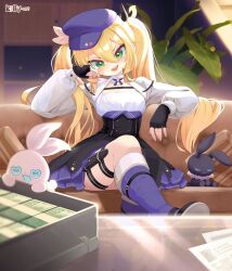 1girl angelica_(k3lly) artist_name bao_bao_(dokibird) black_dress black_gloves boots breasts commentary couch cropped_jacket dokibird_(vtuber) dokibird_(vtuber)_(retro_doki) dress english_commentary fingerless_gloves foot_out_of_frame gloves green_eyes hair_between_eyes hat head_tilt highres indie_virtual_youtuber indoors jacket knee_boots layered_dress long_hair long_sleeves looking_at_viewer medium_breasts mei_mei_(dokibird) money on_couch open_clothes open_jacket open_mouth puffy_long_sleeves puffy_sleeves purple_boots purple_hat sitting smile solo table thigh_strap very_long_hair virtual_youtuber watermark white_jacket