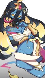 Rule 34 | 1girl, arabian clothes, arm under breasts, bandeau, bare shoulders, black hair, black sclera, blonde hair, blue skin, bracelet, breasts, check copyright, circlet, cleavage, collar, colored eyelashes, colored inner hair, colored sclera, colored skin, copyright request, genie, gradient background, hair between eyes, hand up, highres, jewelry, lamp, large breasts, long hair, looking at viewer, midriff, mouth veil, multicolored hair, navel, oil lamp, original, pointy ears, solo, stomach, strapless, tube top, veil, venomdancer, very long hair, white background, white bandeau, white eyelashes, yellow eyes