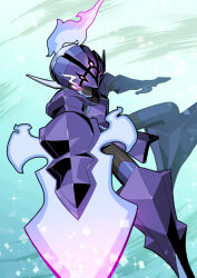 bbiqbmp boots bright_pupils ceruledge commentary_request eye_trail fire green_background helmet highres light_trail nintendo pointy_ears pokemon pokemon_(creature) purple_eyes solo thigh_boots white_pupils
