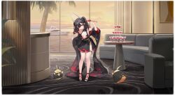 1girl absurdres artist_request azur_lane bare_shoulders beach bird black_hair black_kimono black_one-piece_swimsuit black_shoes breasts breasts_apart check_artist cleavage_cutout clothing_cutout cocktail_glass colored_inner_hair couch cup detached_sleeves drinking_glass floral_print full_body hair_between_eyes hair_on_horn hair_ornament hand_up hatsuzuki_(azur_lane) hatsuzuki_(luxurious_celebration_time)_(azur_lane) high_heels highres holding horns indoors japanese_clothes kimono long_hair long_sleeves looking_at_viewer manjuu_(azur_lane) medium_breasts medium_hair multicolored_hair nekojira non-web_source ocean off_shoulder official_alternate_costume official_art one-piece_swimsuit orange_sky palm_tree petite plant potted_plant red_eyes red_hair red_nails ribbon shoes side_slit sky sleeves_past_wrists smile solo standing sunset swimsuit swimsuit_under_clothes table thigh_strap thighs tree twintails two-tone_hair very_long_sleeves water watercraft wide_sleeves window wine_glass