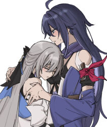 2girls ahoge bare_shoulders black_ribbon blush bronya_rand closed_eyes closed_mouth commentary grey_hair hair_ribbon hand_on_another&#039;s_shoulder honkai:_star_rail honkai_(series) long_hair multiple_girls parted_lips purple_hair purple_scarf ribbon scarf seele_(honkai:_star_rail) simple_background sweatdrop syonosuke9573 white_background yuri