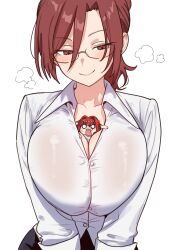 2girls absurdres aozaki_aoko aozaki_touko between_breasts blush breasts brown_eyes brown_hair chibi cleavage ebora glasses highres large_breasts long_sleeves looking_at_viewer mahou_tsukai_no_yoru multiple_girls red_hair smile super_aoko