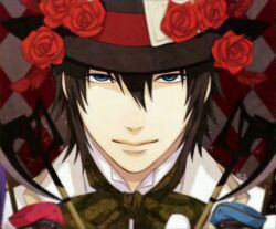 1boy argyle_background black_hair blood_dupre bow closed_mouth cropped flower green_eyes hair_between_eyes heart_no_kuni_no_alice looking_at_viewer male_focus non-web_source portrait red_flower red_rose rose solo tweedle_dee_(kuni_no_alice) tweedle_dum_(kuni_no_alice)