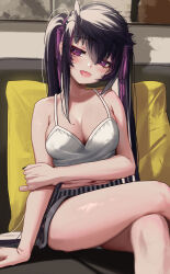1girl :d absurdres bare_legs black_hair black_shorts breasts camisole cleavage commentary_request couch crossed_legs highres indoors long_hair looking_at_viewer medium_breasts mole mole_on_breast multicolored_hair navel open_mouth original priite_hari_(torriet) purple_eyes purple_hair short_shorts shorts sidelocks sitting smile solo streaked_hair thighs torriet twintails two-tone_hair white_camisole