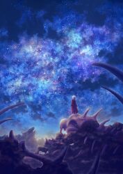 1girl absurdres arms_at_sides au_ito cloud commentary_request dress from_behind highres long_sleeves looking_up medium_hair monster night night_sky original red_dress scenery skeleton sky sky_focus solo standing star_(sky) starry_sky straight_hair very_wide_shot white_hair