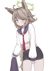 1girl absurdres ahoge animal_ears bike_shorts blue_archive blush braid brown_hair commentary_request dhuten fox_ears fox_girl green_eyes green_halo halo highres navel otogi_(blue_archive) partial_commentary school_uniform serafuku simple_background skirt unworn_skirt