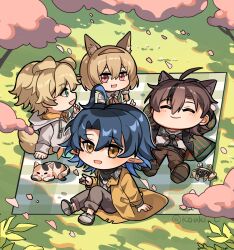 Rule 34 | 1girl, 3boys, ahoge, animal ears, arknights, beanstalk (arknights), black hair, black pants, black ribbon, black shirt, black streaks, blonde hair, blue eyes, blue hair, blush, brown hair, brown pants, calico, calico cat, cat ears, cat nose, cat tail, chana tuya (ohmycrystal), cherry blossoms, chinese commentary, closed eyes, collared shirt, commentary request, dog boy, dog ears, dog tail, domesticated metal crab (arknights), freckles, grass, green footwear, green jacket, green pants, green sweater vest, hair between eyes, hand up, headband, highres, hood, hoodie, hyena ears, hyena girl, jacket, jewelry, knee up, leaf, lumen (arknights), lying, messy hair, multiple boys, multiple necklaces, necklace, necktie, open clothes, open jacket, open mouth, orange headband, orange jacket, orange shirt, pants, peacake (arknights), petals, picnic blanket, pointing, red eyes, ribbon, scrunchie, shirt, short sleeves, sitting, smile, stainless (arknights), striped clothes, striped jacket, sweater vest, tail, tequila (arknights), turtleneck, white footwear, white hoodie, white necktie, white scrunchie, white shirt, yellow eyes, yellow jacket