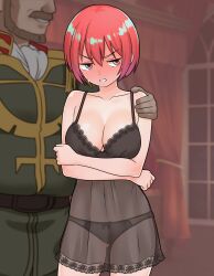 Rule 34 | 1boy, 1girl, absurdres, age difference, amate yuzuriha, arm around shoulder, black negligee, black panties, blush, breasts, cleavage, collarbone, commentary request, covered navel, crossed arms, curtains, embarrassed, facial hair, full-face blush, furaggu (frag 0416), gundam, gundam gquuuuuux, hetero, highres, indoors, large breasts, lingerie, looking to the side, military uniform, mustache, negligee, panties, red hair, solo, solo focus, standing, stomach, thighs, underwear, underwear only, variant set, window