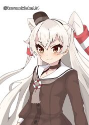 Rule 34 | 1girl, amatsukaze (kancolle), black choker, brown dress, brown eyes, choker, dress, grey neckerchief, hair tubes, hat, highres, kantai collection, kurano kisuke, lifebuoy ornament, long hair, mini hat, neckerchief, one-hour drawing challenge, sailor collar, sailor dress, short dress, simple background, smokestack hair ornament, solo, twitter username, two side up, white background, white hair, white sailor collar