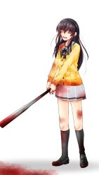 1girl baseball_bat black_bow black_bowtie black_hair black_hairband black_shoes black_socks black_thighhighs blood blood_on_body blood_on_clothes blood_on_face blood_on_ground blood_on_hands blood_on_leg bloody_weapon bow bowtie breasts buttons cardigan closed_eyes crazy_smile full_body hair_between_eyes hair_over_shoulder hairband highres holding holding_baseball_bat kimi_to_kanojo_to_kanojo_no_koi. loafers long_hair long_sleeves maguro0826 medium_breasts nitroplus open_mouth pleated_skirt pocket sailor_collar school_uniform serafuku shoes simple_background skirt smile socks solo sone_miyuki standing straight_hair teeth thighhighs upper_teeth_only weapon white_background white_sailor_collar white_serafuku white_skirt yandere yellow_cardigan