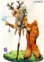 absurdres antlers artist_name battlerite blossom_(battlerite) blue_butterfly braid breasts bug butterfly cleavage commission commissioner_name facebook_username flower furry grass green_eyes grey_hair highres holding holding_staff horns insect long_hair murazaki9 navel painting_(medium) staff standing traditional_media twin_braids twintails twitter_username watercolor_(medium) watermark