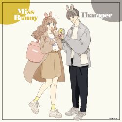 Rule 34 | 1boy, 1girl, animal ear hairband, animal ears, arrow (symbol), bambi (movie), black pants, blue eyes, brown shorts, character name, cosplay, fake animal ears, full body, grey hair, grey jacket, hairband, jacket, meecosme, miss bunny, miss bunny (cosplay), new balance, open mouth, original, pants, pink bag, rabbit ears, shirt, shoes, short hair, shorts, signature, sneakers, socks, textless version, thumper (bambi), thumper (bambi) (cosplay), white shirt, white shoes, yellow socks