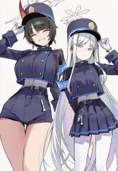 2girls absurdres ai_lightmako black_hair blue_archive blue_hat blue_jacket blue_skirt closed_eyes commentary_request cosplay flower gloves hair_flower hair_ornament hat highlander_railway_academy_logo highres hikari_(blue_archive) hikari_(blue_archive)_(cosplay) horns jacket long_hair looking_at_viewer medium_hair multiple_girls nagusa_(blue_archive) niya_(blue_archive) nozomi_(blue_archive) nozomi_(blue_archive)_(cosplay) pantyhose shirt single_horn skirt smile white_eyes white_gloves white_hair white_shirt