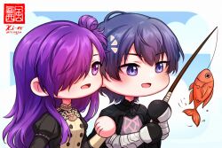 1boy 1girl :d armored_gloves black_cape black_gloves blue_eyes cape chibi commentary commission english_commentary female_shez_(fire_emblem) fire_emblem fire_emblem:_three_houses fire_emblem_warriors:_three_hopes fish fishing fishing_rod garreg_mach_monastery_uniform gloves hair_bun holding holding_fishing_rod long_hair male_byleth_(fire_emblem) nintendo notice_lines open_mouth purple_eyes purple_hair rezzyfa single_side_bun smile tongue