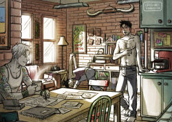 1girl 2boys arm_hair arm_tattoo bad_id bad_tumblr_id bara barefoot black_hair blush chest_hair cris_art cup embarrassed flying_sweatdrops full_body grin kate_bishop kitchen male_focus marvel mug multiple_boys navel navel_hair notebook pectorals shelf short_hair sideburns skull slice_of_life smile standing table tank_top tattoo teasing thick_eyebrows tommy_shepherd topless_male white_tank_top wiccan yoga young_avengers