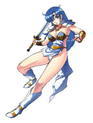 1girl armor armpits asou_yuuko belt bikini_armor blue_eyes blue_hair boots breasts circlet cleavage female_focus full_body knee_boots long_hair matching_hair/eyes medium_breasts mugen_senshi_valis mugen_senshi_valis_ii panties pantyshot pauldrons revealing_clothes shoulder_armor simple_background solo sword telenet_japan uchiu_kazuma underwear valis valis_sword weapon white_background