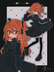1girl a.i._voice adachi_rei alternate_hair_length alternate_hairstyle barcode black_border black_dress black_ribbon black_shoes black_thighhighs border dress frilled_dress frills hand_up highres long_hair long_sleeves medium_hair multiple_views nasi_(na_si) neck_ribbon orange_eyes orange_hair outline parted_lips ribbon shoes short_dress signature skirt_hold sleeves_past_wrists standing thighhighs utau watermark white_outline